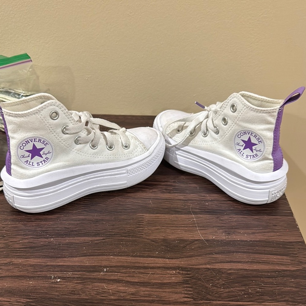 Converse White and Purple High-Top Sneakers with Platform Sole